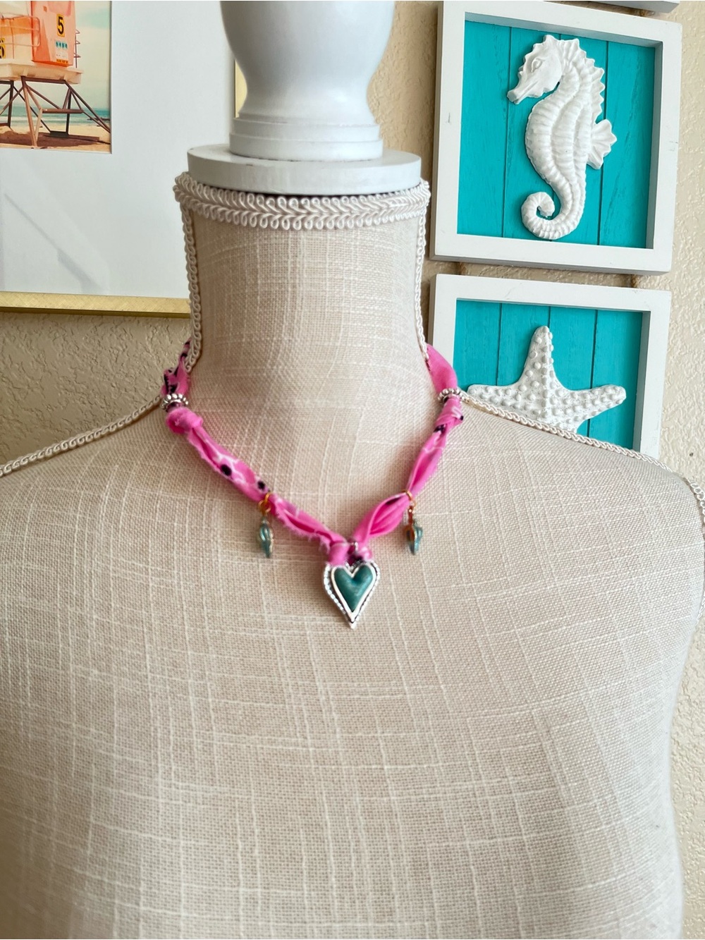 Pink Scarf Necklace with Turquoise Heart and Shell Charms - Picture 6 of 9